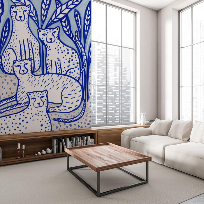 Papier peint léopards stylisés bleu et blanc esprit illustration Intissé