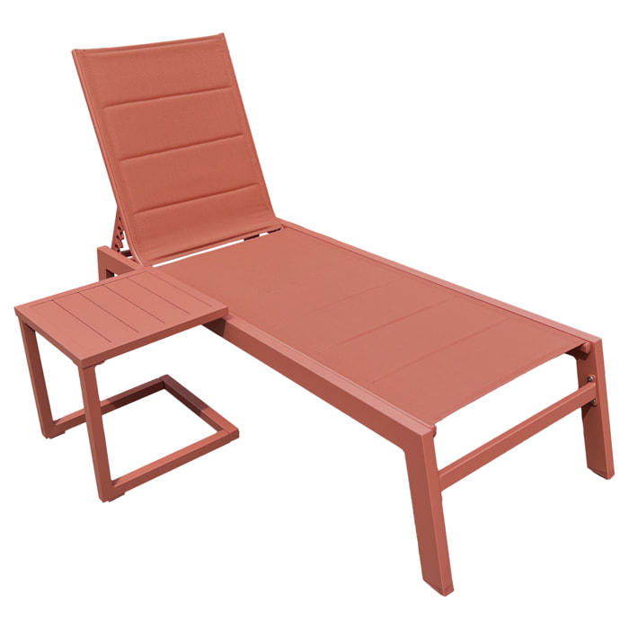 Set bain de soleil et table d'appoint BARBADOS en textilène terracotta - aluminium terracotta