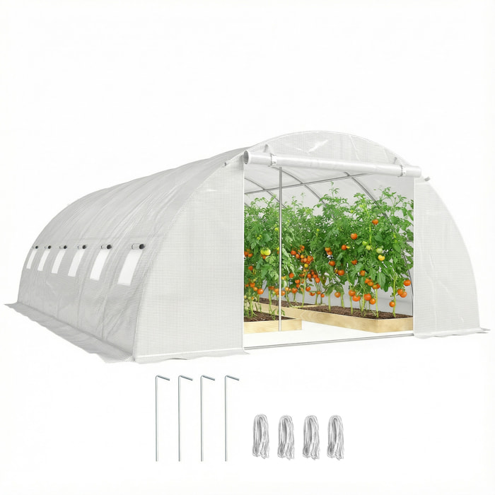 Invernadero de Exterior 6x4x2 m, Invernadero de Túnel con 2 Varillas de Soporte, Puertas Enrollables, Ventanas de Malla, Cubierta PE y Marco de Acero Galvanizado, Anti-UV, Impermeable, Blanco