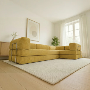 TRENDY - Canapé compressé 5 places angle modulable en velours côtelé jaune