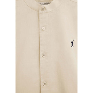 Camicia cotolino beige con collo alla coreana, regular fit e ricamo Rigby Go