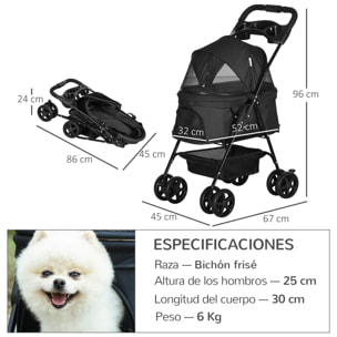 Cochecito para Perros Plegable Carrito para Perros Pequeños con Ruedas Universales Cesta de Almacenaje Correas de Seguridad y Ventanas 67x45x96 cm Negro