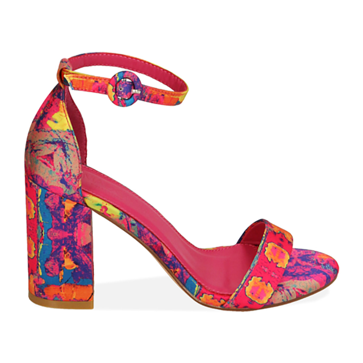 Sandali multicolor fucsia in raso, tacco 9 cm