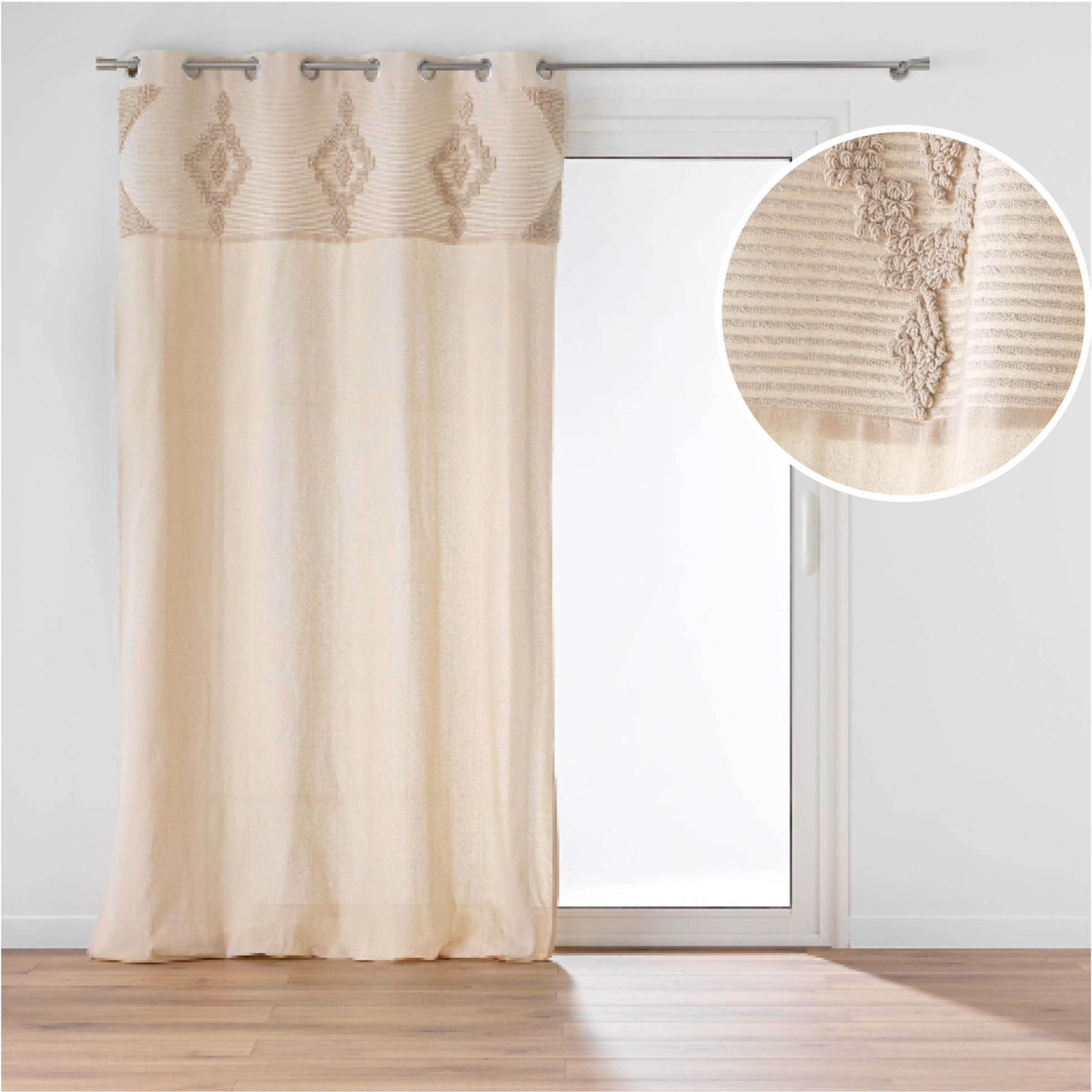 Rideau à œillets en poly-coton avec bande décorative - Naturel