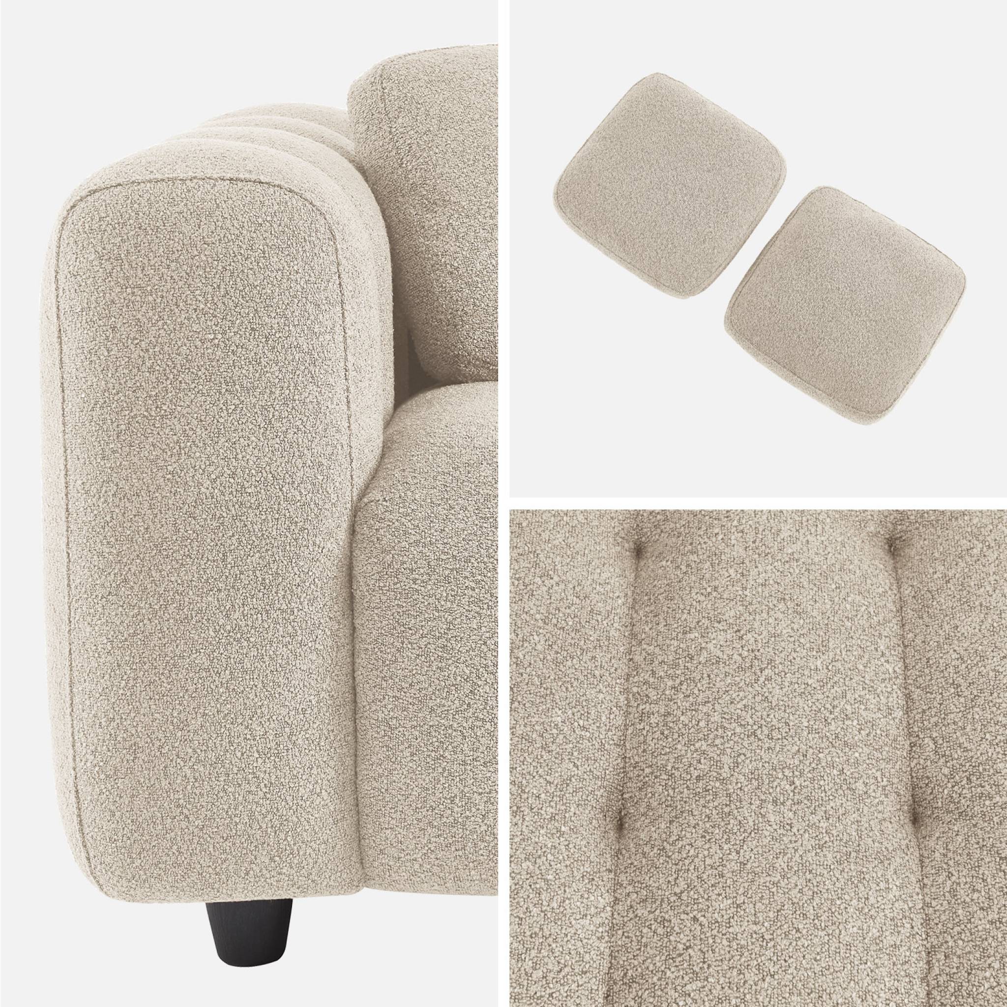 Canapé 2 places en bouclette texturée capitonné. beige. structure bois d'eucalyptus et contreplaqué
