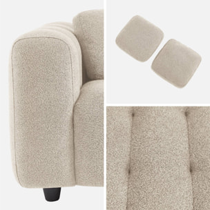 Canapé 2 places en bouclette texturée capitonné. beige. structure bois d'eucalyptus et contreplaqué