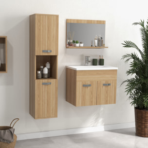 Conjunto de Muebles de Baño de Pared de 3 Piezas, Incluye Espejo, Mueble de Baño con Lavabo Cerámico, Armario Alto con Estantes Ajustables, Estilo Moderno, Natural