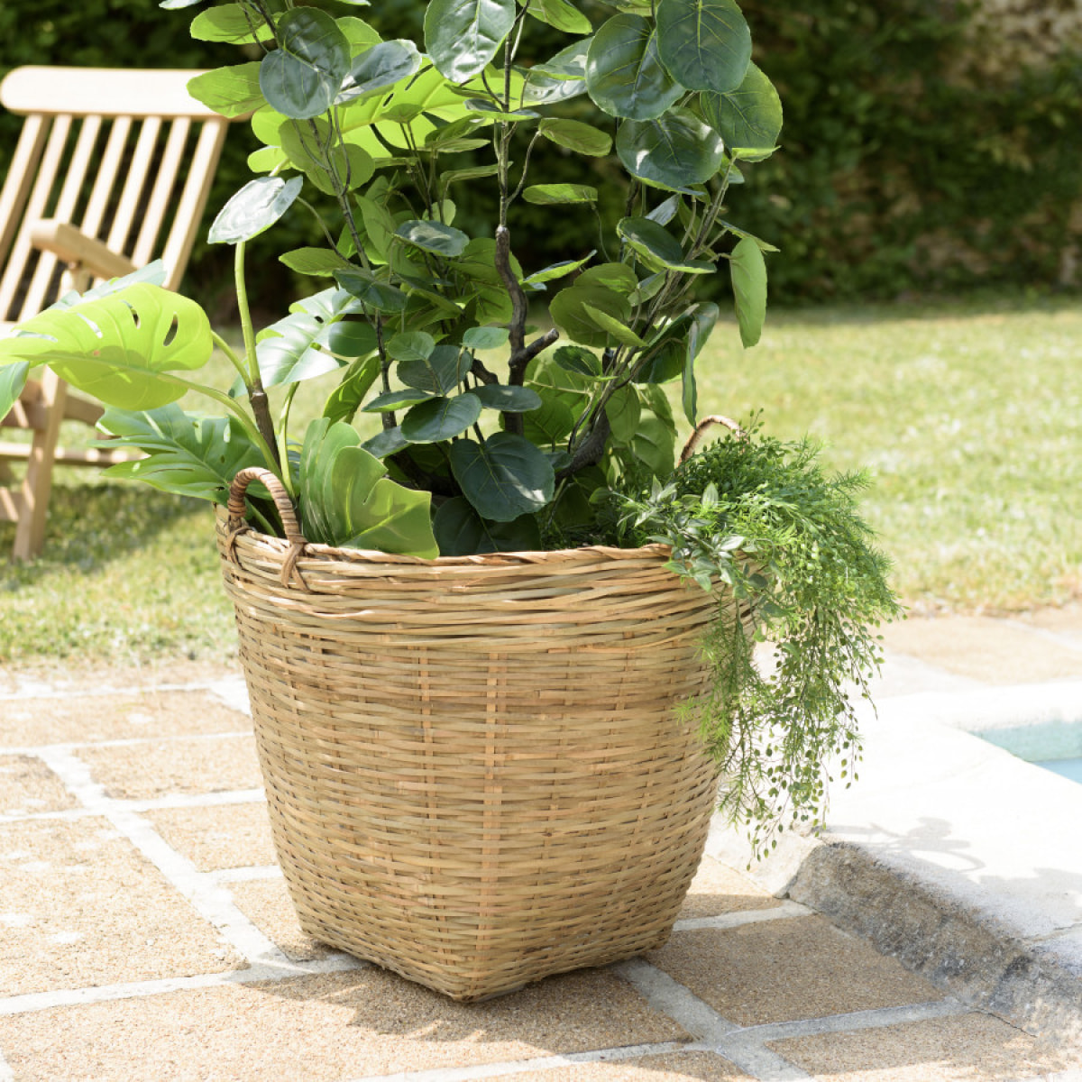 HANS - Pot de fleur rond 60x60cm en bambou naturel avec anses