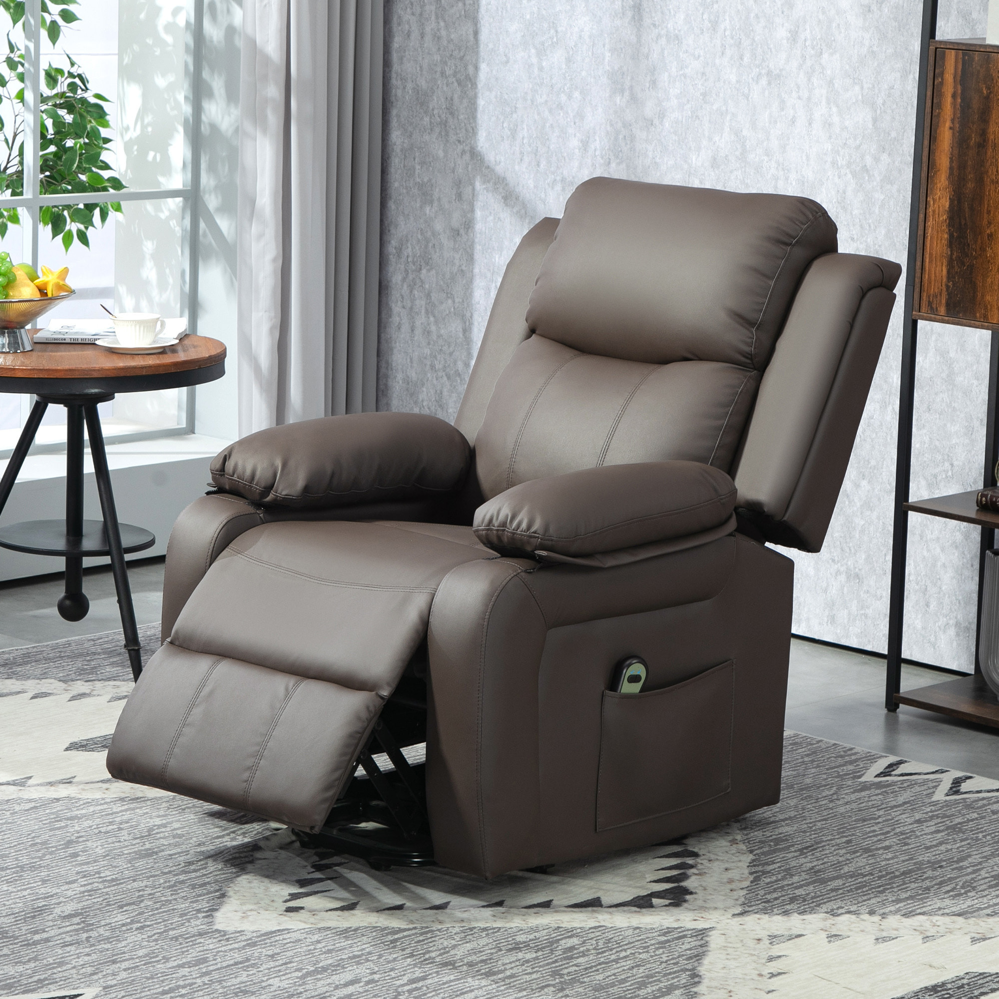 Sillón Relax Reclinable Eléctrico Levanta Personas, Sillón Elevador, con Respaldo Alto, Control Remoto, Reposapiés, Acolchado Grueso, Tapizado en PU, Bolsillos Laterales, Marrón Oscuro