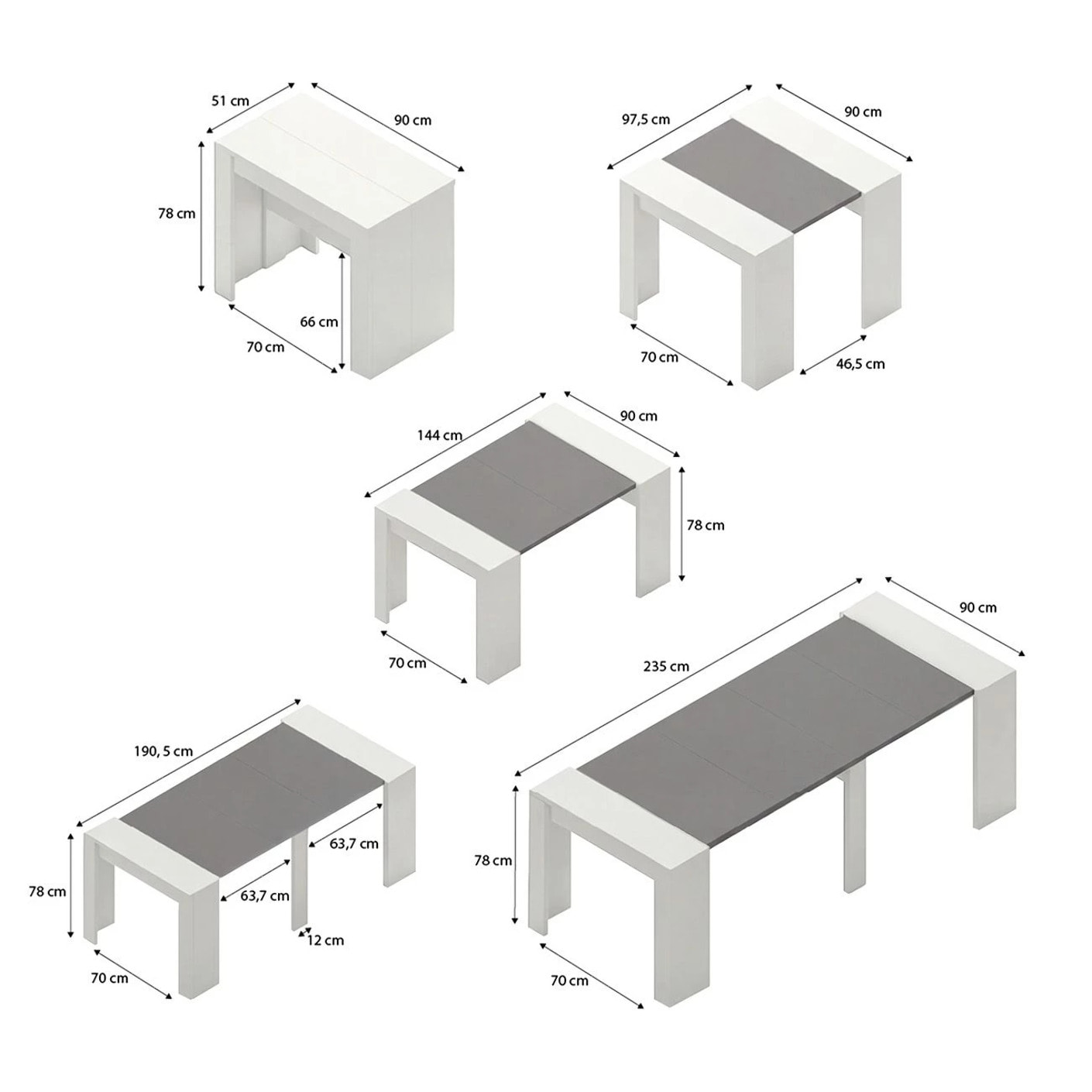 Mesa consola extensible en blanco artik y gris grafito 50-235x90 cm Denis Blanco Artik (Blanco Mate) - Gris Grafito