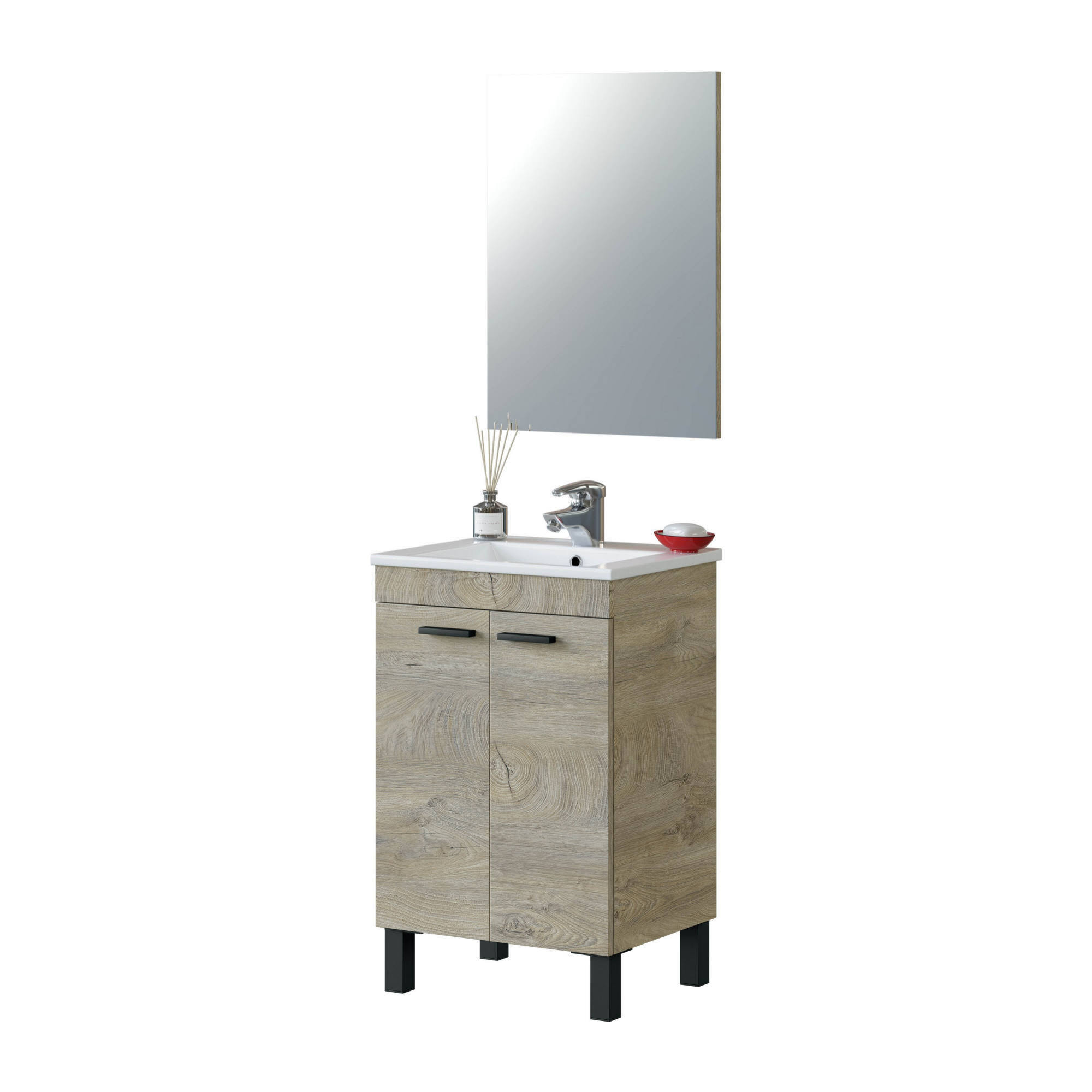 Mobile sottolavabo Naperville, Mobiletto per bagno, Armadio a 2 ante con specchio, lavabo non incluso, cm 50x40h80, Rovere