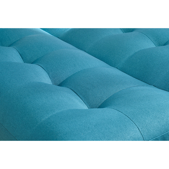 Canapé convertible scandinave 3 places en tissu bleu canard et bois clair YUMI