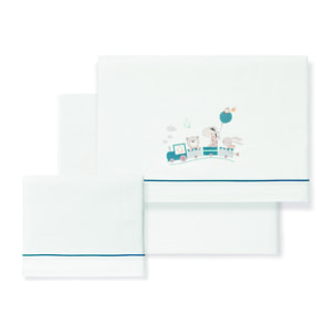 Triptico Minicuna 100% Algodon Mod. Jirafa Tren Bco/Petroleo