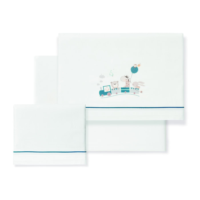 Triptico Minicuna 100% Algodon Mod. Jirafa Tren Bco/Petroleo