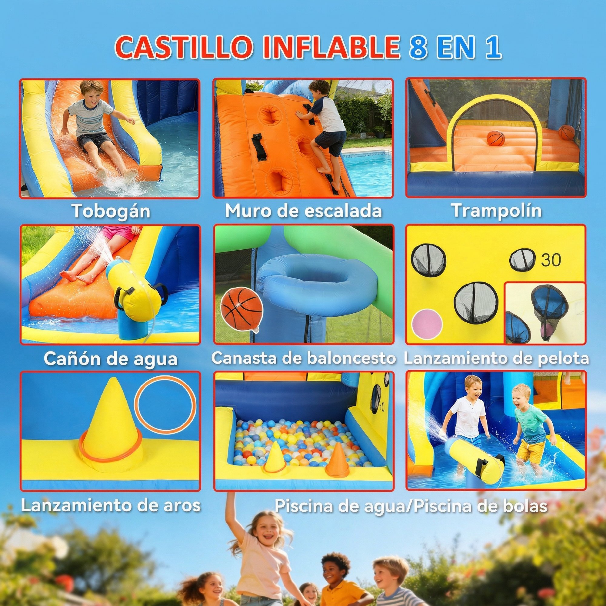 Castillo Hinchable Acuático 8 en 1 con Soplador 550W Castillo Hinchable Niños con Tobogán Zona de Salto Escalada Piscinas Canasta Lanzamiento de Aros Anillas Exterior Interior 350x320x190 cm