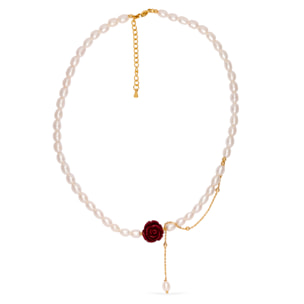 Venere Collar de perlas naturales con adorno central de cinabrio y diseño de rosa, con cierre de mosquetón.