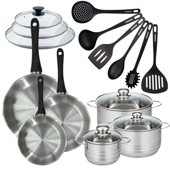 Batterie de cuisine Généva Brillant Fénix avec 3 poêles et 3 faitouts 9 ustensiles couvercles inclus Fackelmann Généva Brillant Fénix avec couvercles