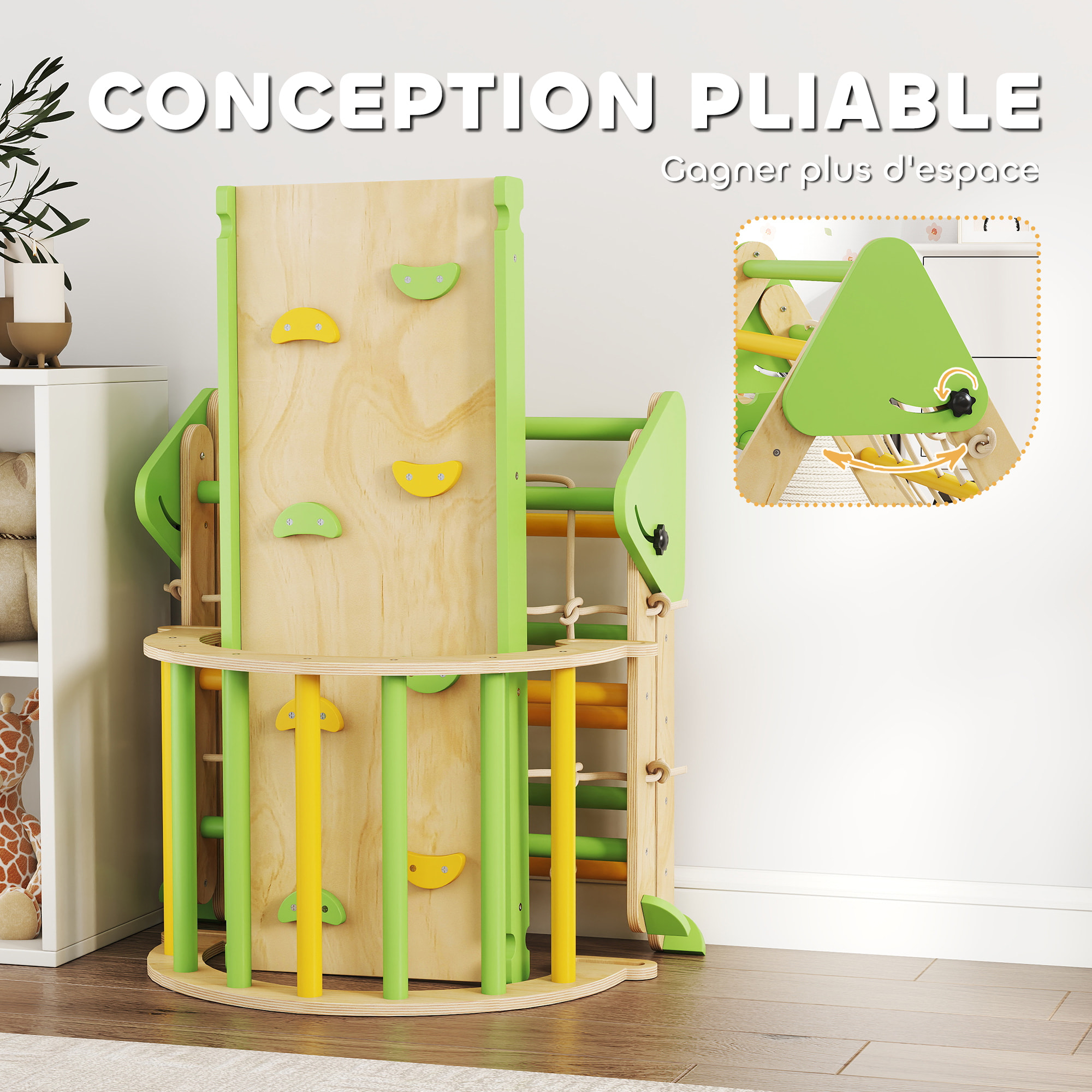 Triangle d'escalade enfant pliable 8 en 1 - aire de jeu enfant - bois vert