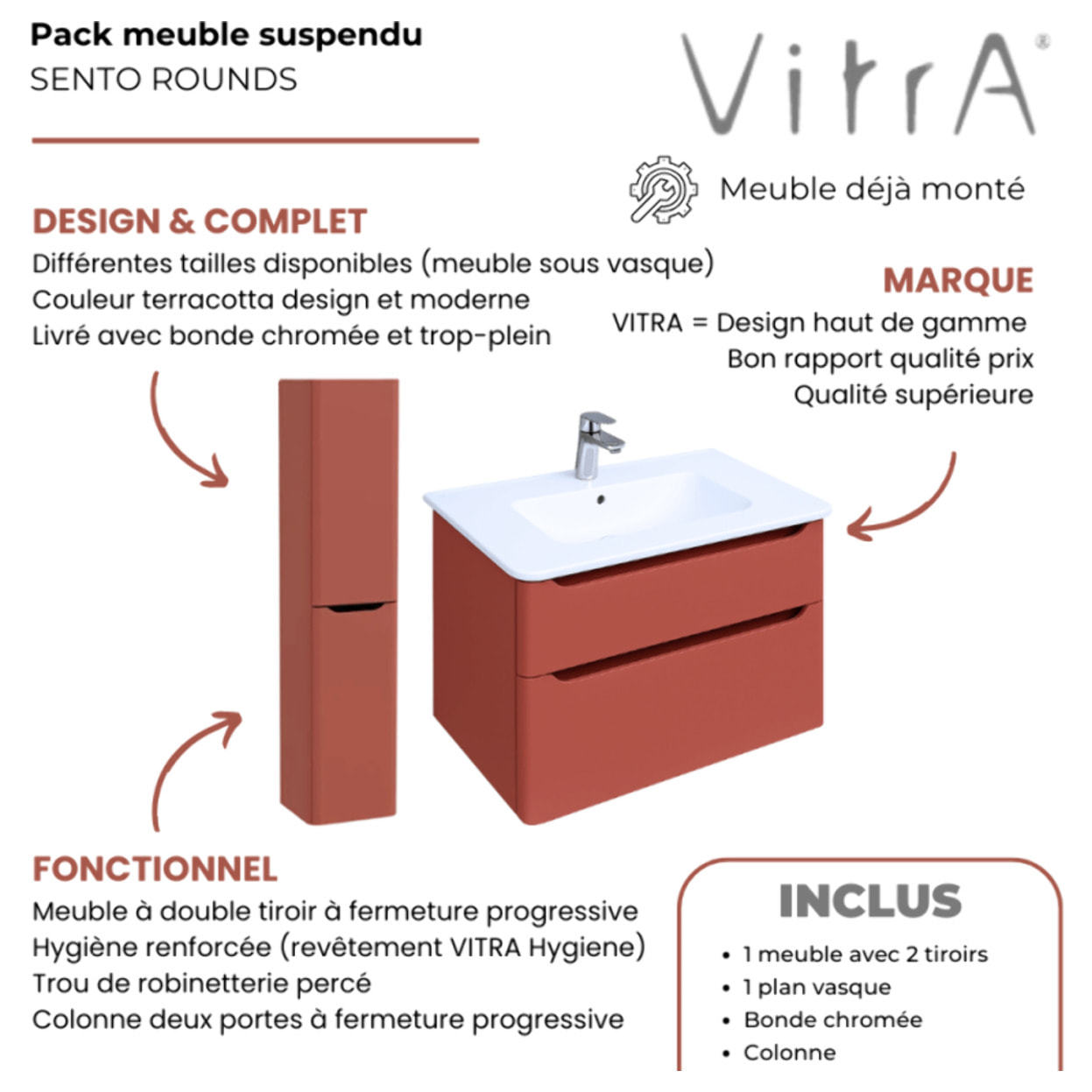 Meuble vasque suspendu VITRA Sento Round 100cm Terracotta mat + Colonne version droite