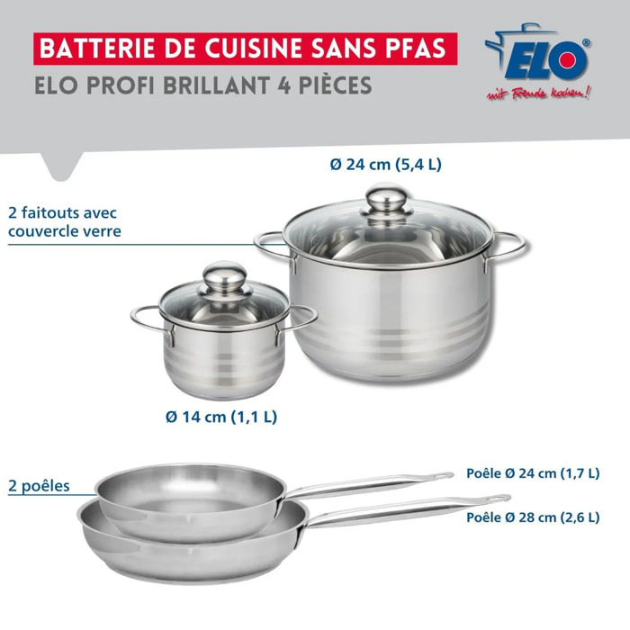 Ensemble de 2 Poêles de cuisson 24 et 28 cm et 2 faitouts 14 et 24 cm Elo Profi Brillant