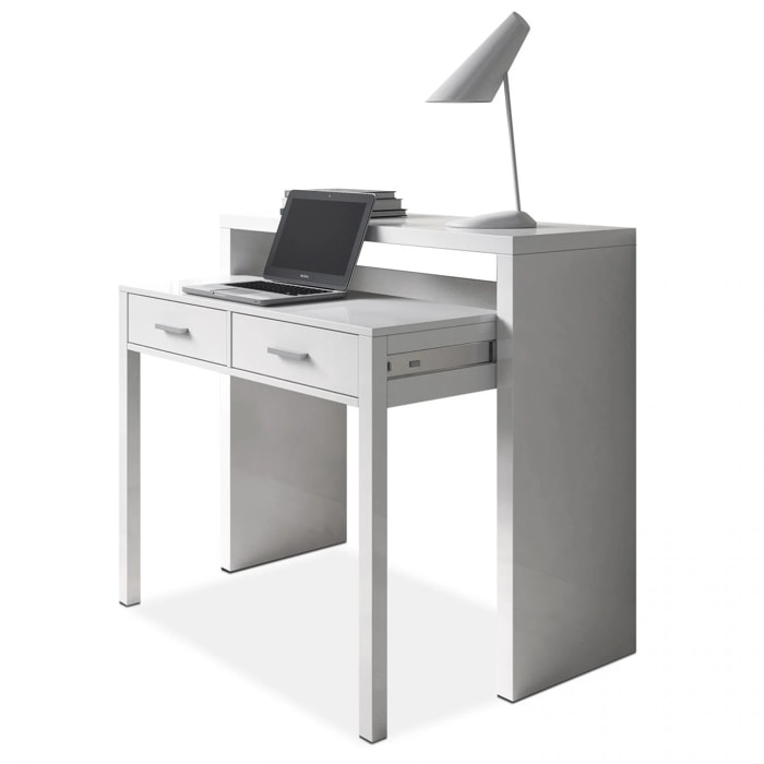 Mesa de escritorio extensible con 2 cajones en blanco artik 98,5x36-66 cm Zira Blanco Artik (Blanco Mate)