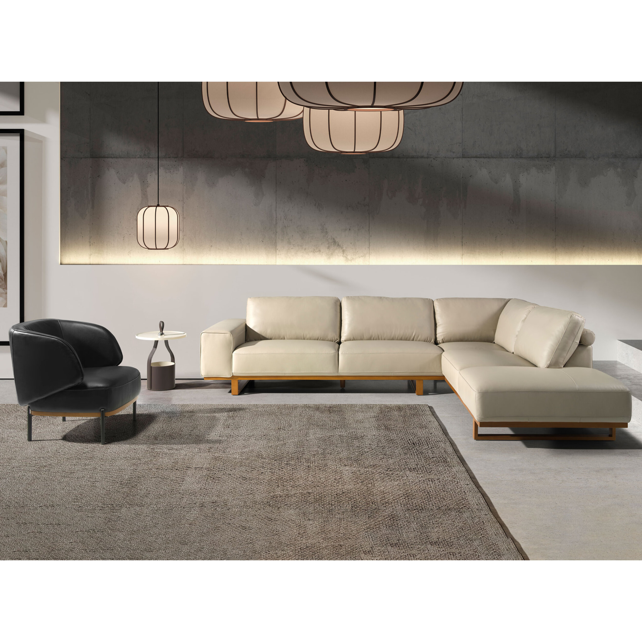 Sofá rinconera derecha de 5 plazas tapizado en piel de origen vacuno en arena patas de madera en miel 316x252x82cm