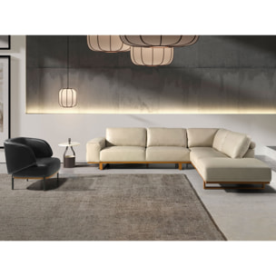 Sofá rinconera derecha de 5 plazas tapizado en piel de origen vacuno en arena patas de madera en miel 316x252x82cm