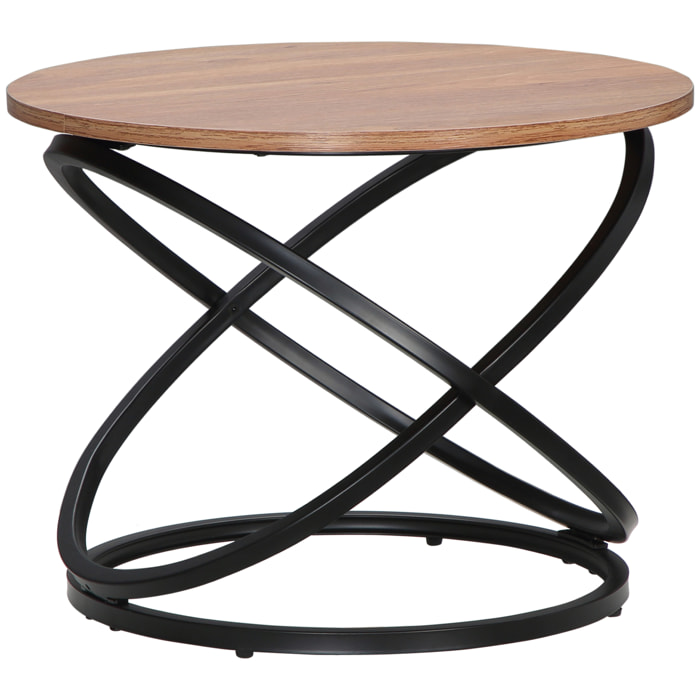 Table basse ronde design industriel néo-rétro Ø 60 X 46H cm acier anneaux noir aspect chêne clair