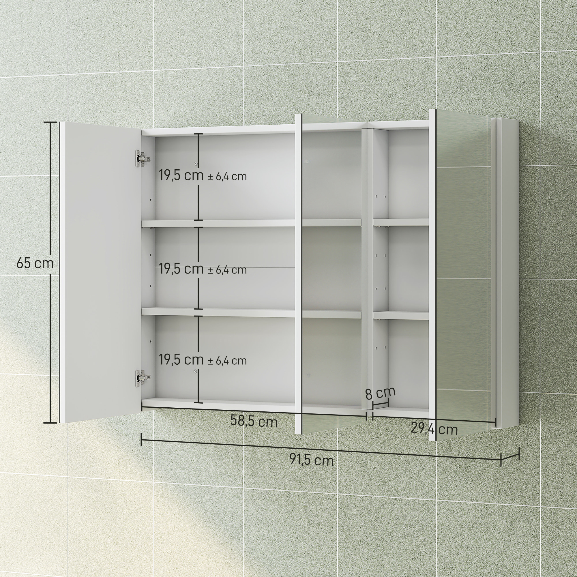 Armoire miroir murale salle de bain design 3 portes 4 étagères  91 x 11 x 65 cm blanc