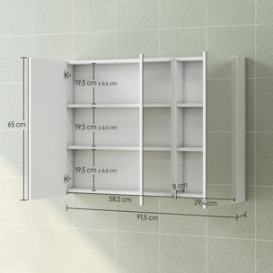 Armoire miroir murale salle de bain design 3 portes 4 étagères  91 x 11 x 65 cm blanc