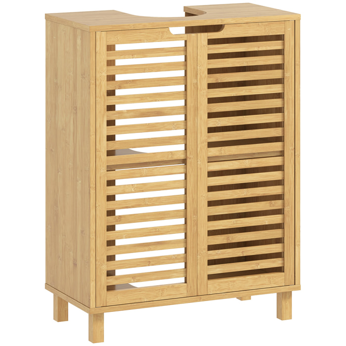 Mueble Bajo Lavabo, Mueble de Baño de Bambú con 2 Puertas de Lamas, Estante Ajustable, para Lavabos con o sin Pedestal, 60x30x80 cm, Natural