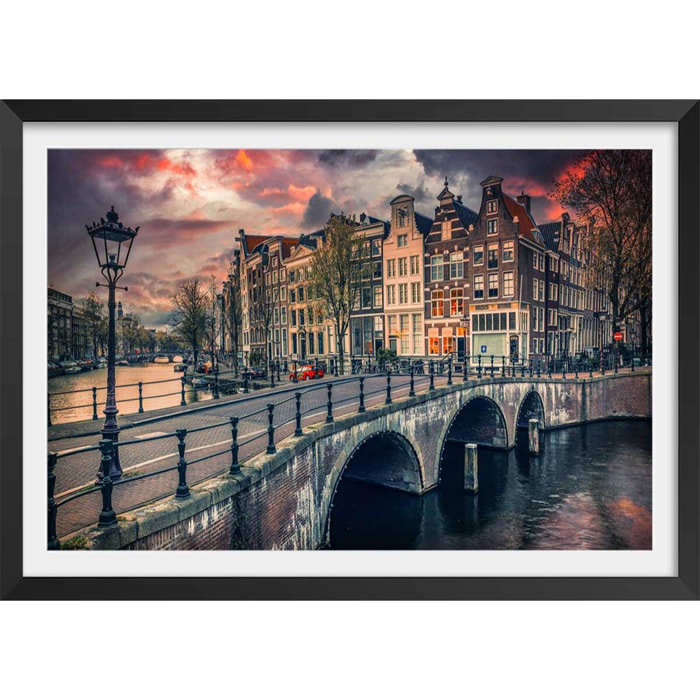 Affiche deco Amsterdam Canaux et ponts Affiche + cadre en bois - Noir