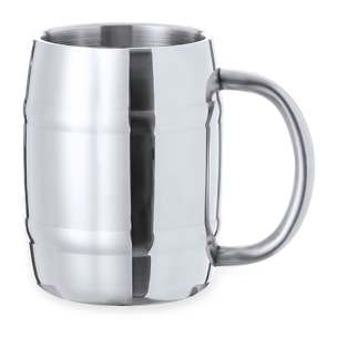 Jarra de acero inox en elegante acabado metálico. De 450 ml de capacidad, con cómoda asa y diseño en forma de barril.
