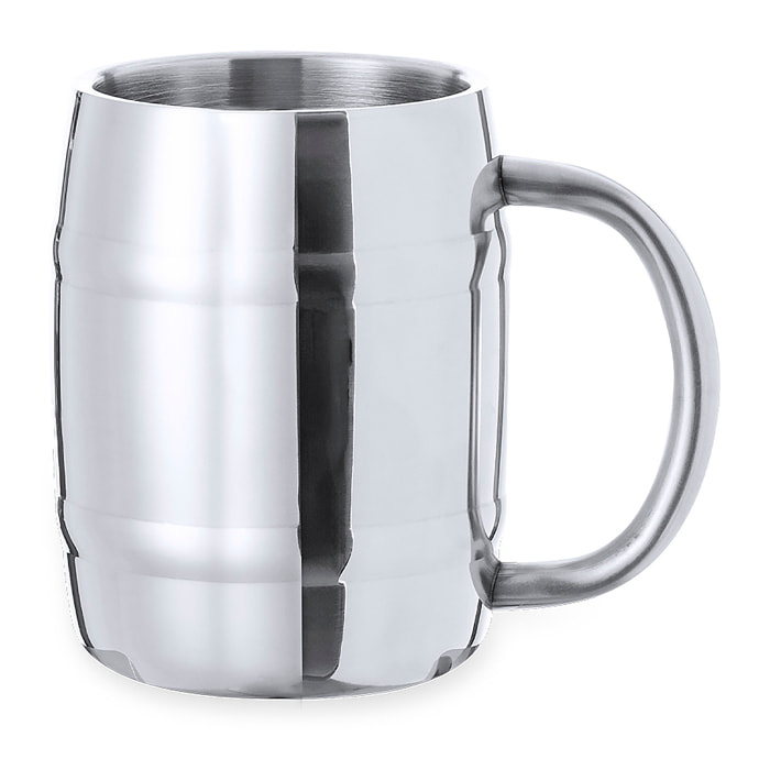 Jarra de acero inox en elegante acabado metálico. De 450 ml de capacidad, con cómoda asa y diseño en forma de barril.