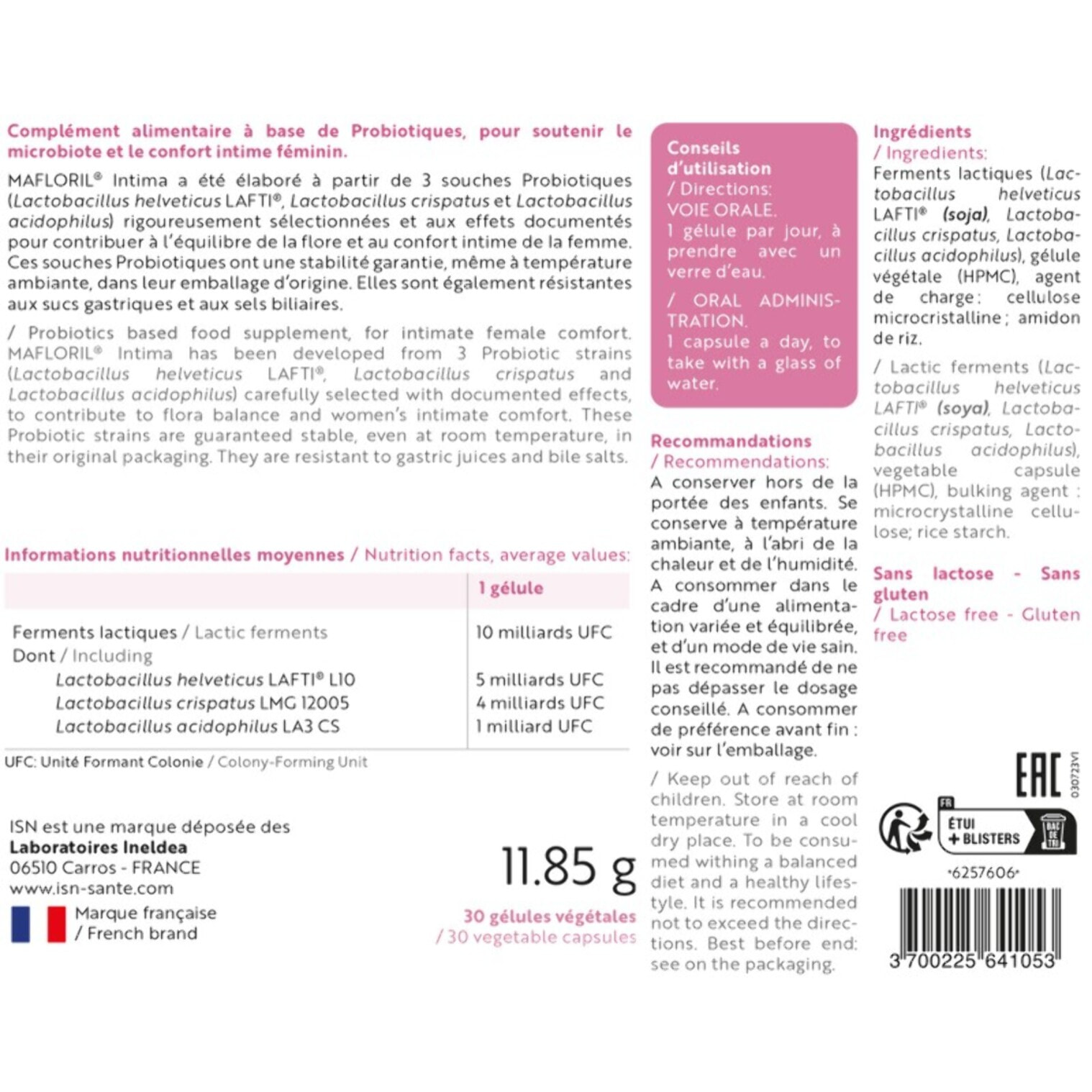 ISN - Mafloril Intima - Complément alimentaire à base de 3 souches de probiotiques - Soutien de la flore intime - 10 milliards de ferments - Cure 30 jours