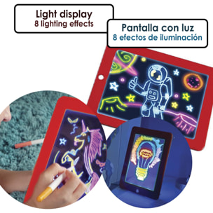 3D Magic Pad Tableta LED de escritura y dibujo. 8 efectos de luz fluorescentes. Rotuladores en 6 colores y fichas de juego, pintura y escritura.