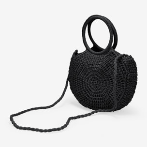 Bolso de mano media luna negro en rafia