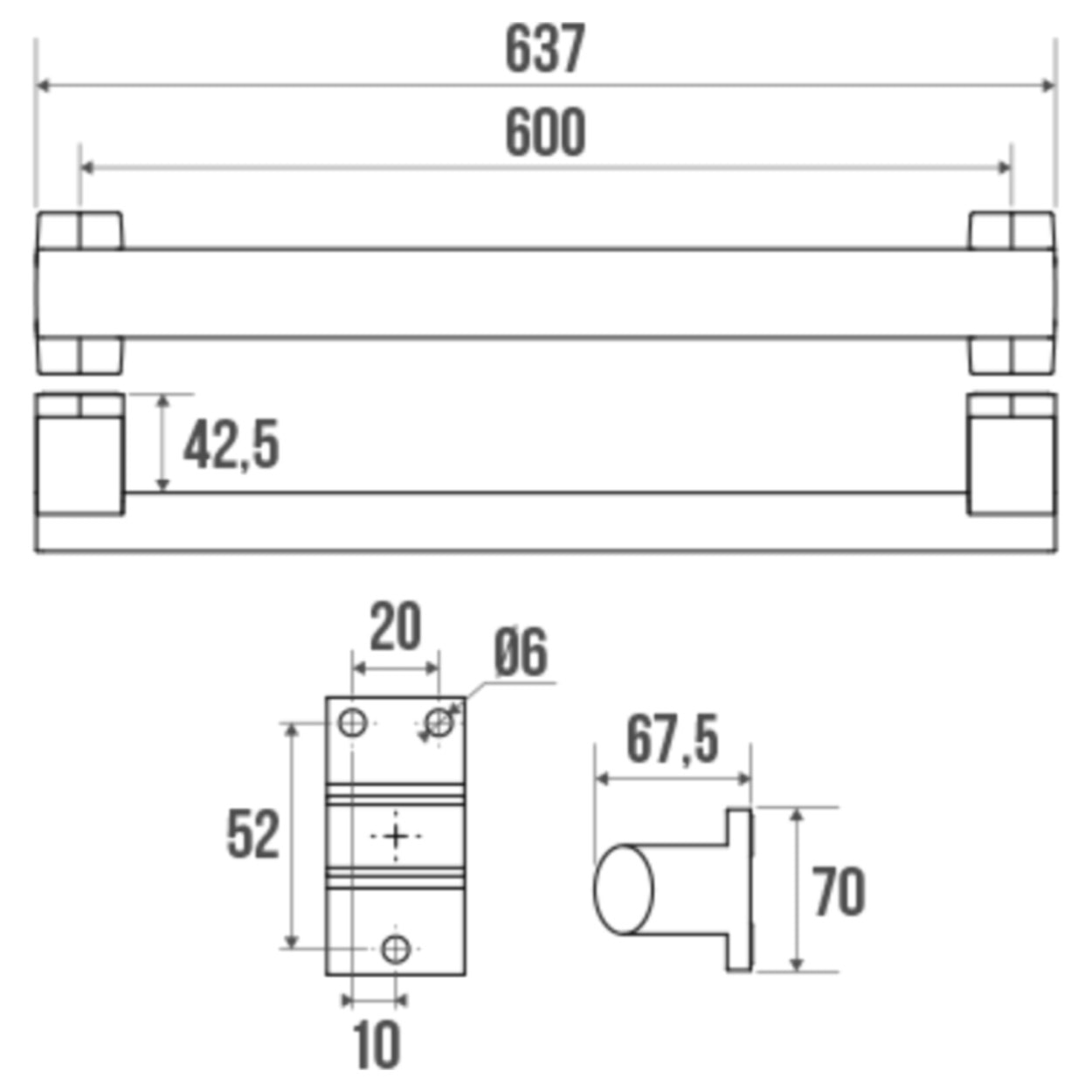 Barre de maintien droite PMR PELLET Design 60 cm aluminium anodisé brillant caches résine chromée