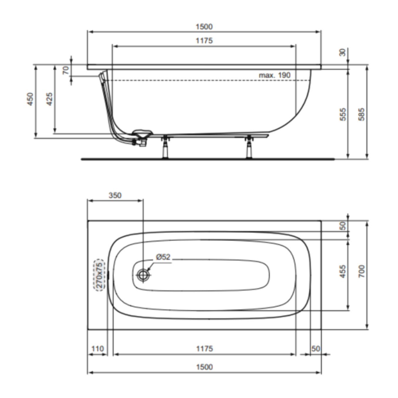 Baignoire droite 150 x 70 i.life