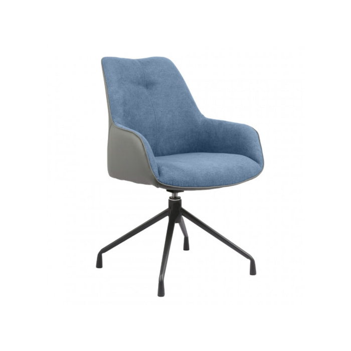 Fauteuil rotatif en tissu bleu avec accoudoirs en simili gris et piètement en métal noir - BERGEN