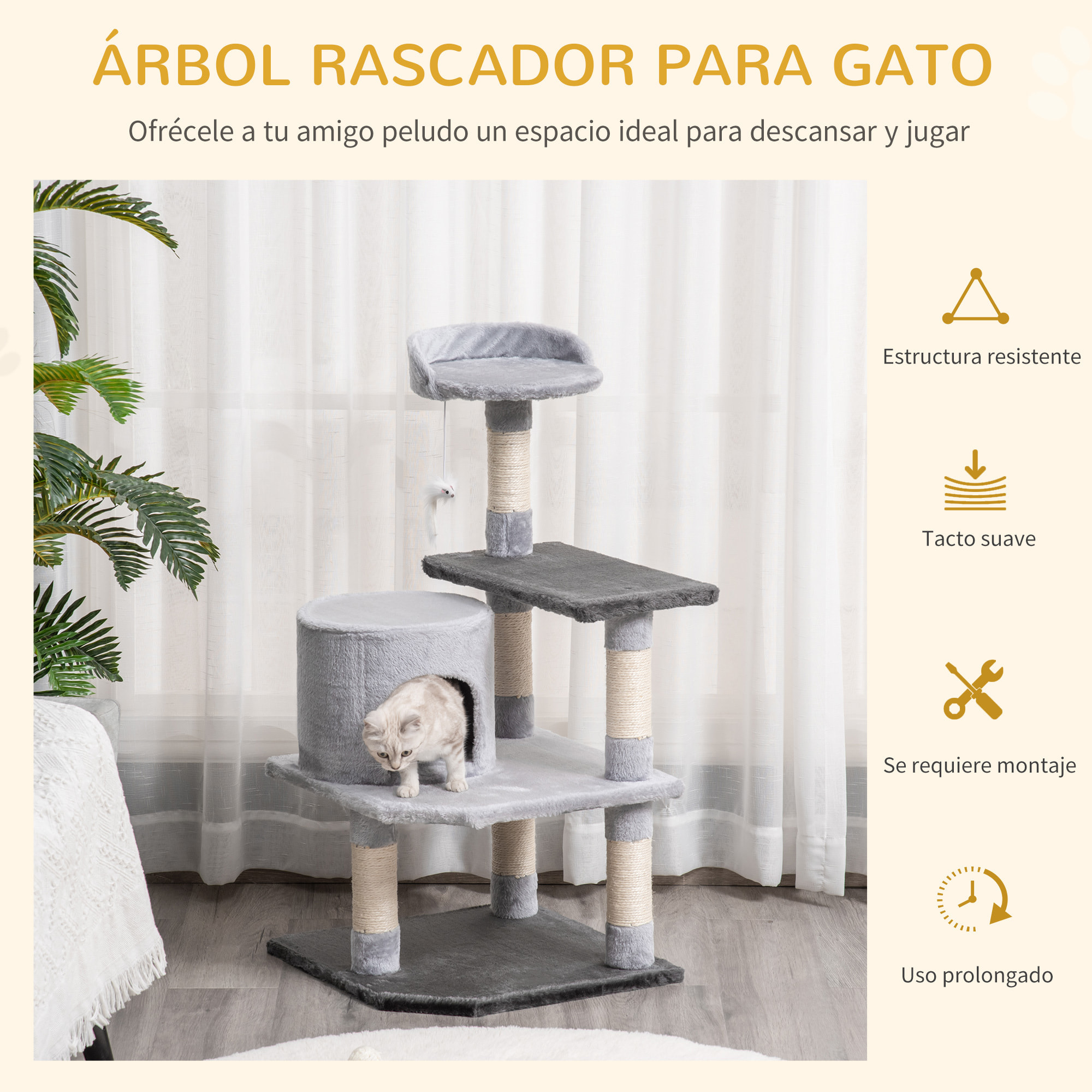 árbol para Gatos de Madera Felpa y Sisal 48x48x100cm Gris