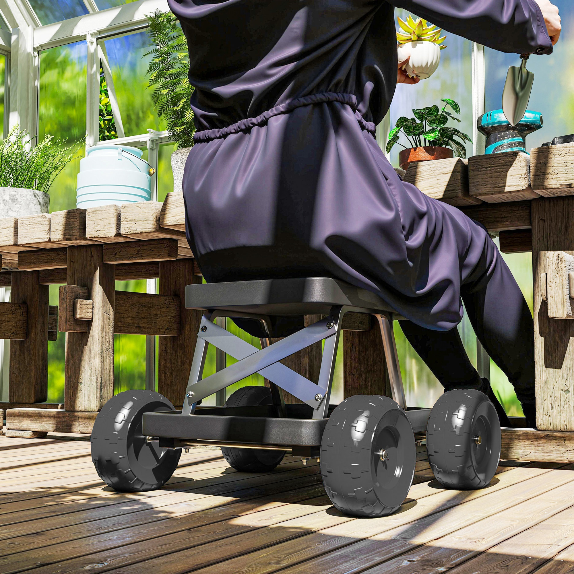 Asiento de Jardín con Ruedas Taburete de Jardinería con Bandeja de Herramientas Carrito para Trabajo Carga 130 kg para Patio Exterior Negro