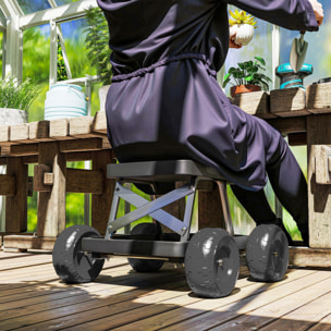 Asiento de Jardín con Ruedas Taburete de Jardinería con Bandeja de Herramientas Carrito para Trabajo Carga 130 kg para Patio Exterior Negro