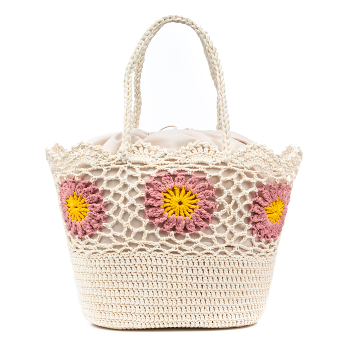 Villaga borsa a spalla da donna. Realizzata in cotone, con fiori decorativi.