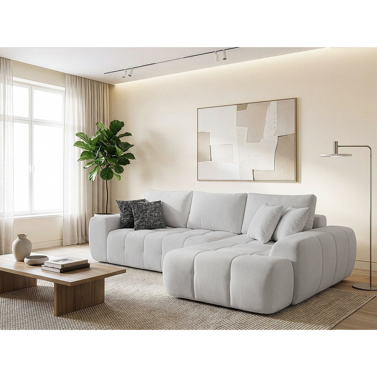 Canapé d'angle droit en tissu style bubble "Sidonie" - 4 places - Gris