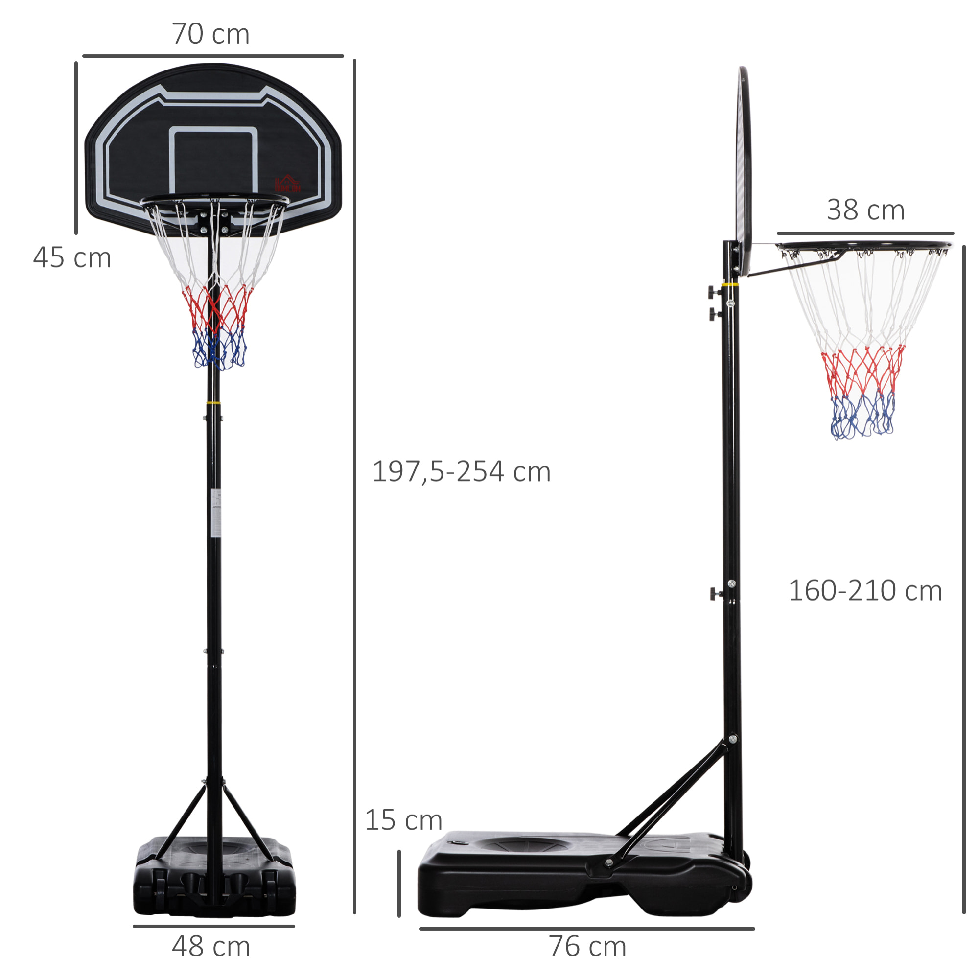 Panier de basketball sur pied hauteur réglable H.197-254 cm lestage roulettes noir blanc