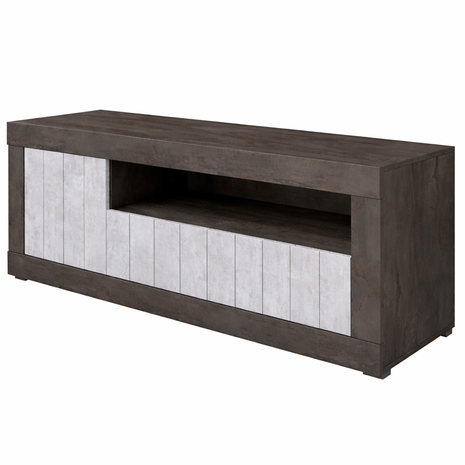 Mobile TV Basso In Melaminico Con Anta Laterale E Ribalta Vano A Giorno Ripiani Mensole Interne Moderno 136.9 x 41.8 x 56 Cm Ossido e Grigio Cemento