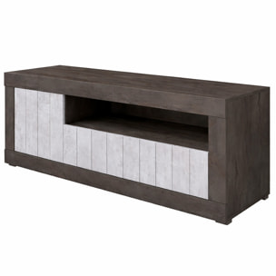 Mobile TV Basso In Melaminico Con Anta Laterale E Ribalta Vano A Giorno Ripiani Mensole Interne Moderno 136.9 x 41.8 x 56 Cm Ossido e Grigio Cemento