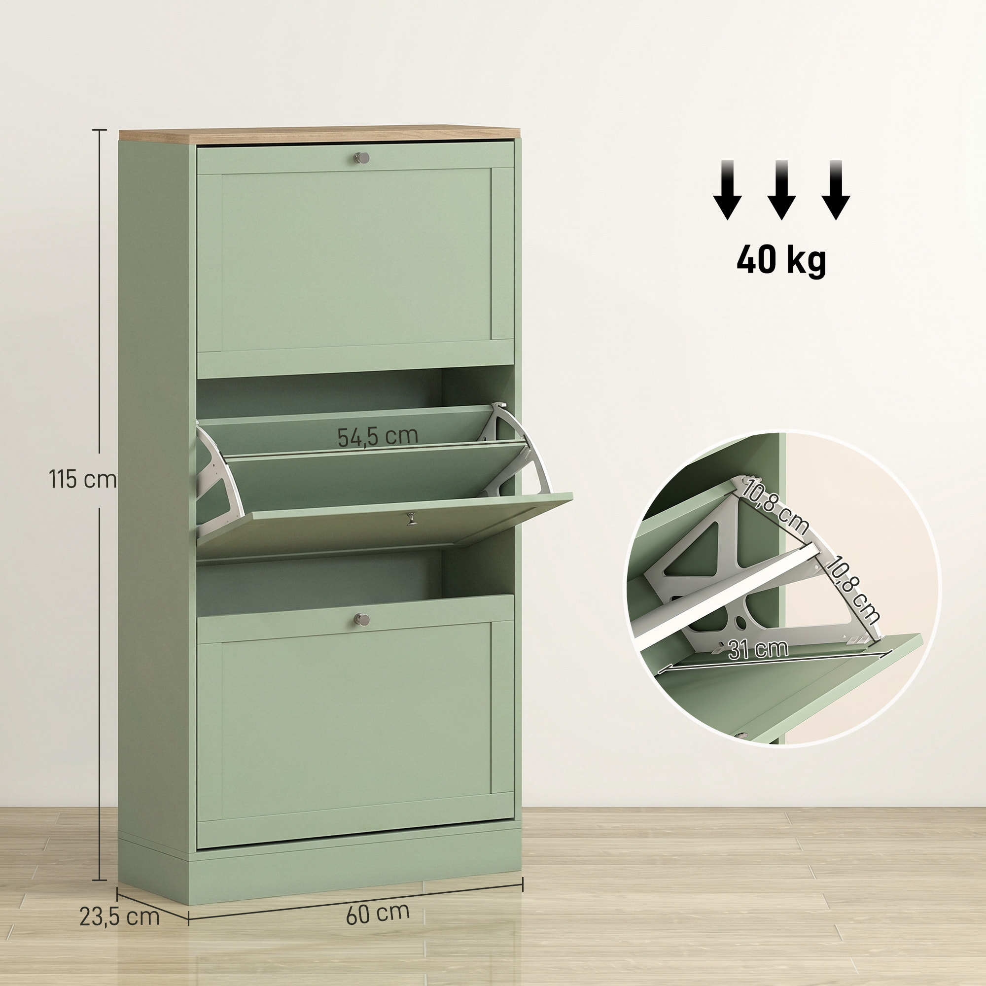Meuble à chaussures 3 portes battantes style classique chic vert effet bois clair