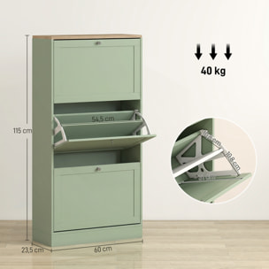 Meuble à chaussures 3 portes battantes style classique chic vert effet bois clair